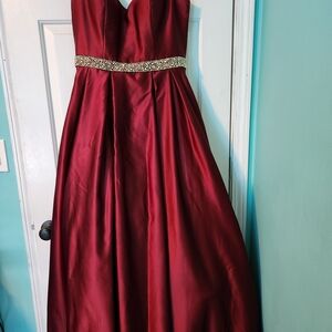 Betsy & Adam Burgundy Prom Dress with Gold Accents